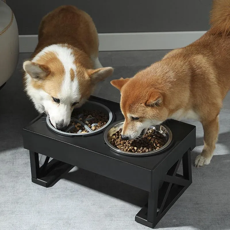 Adjustable Double Elevated Dog Bowls with Slow Feeder and Non-Slip Stand