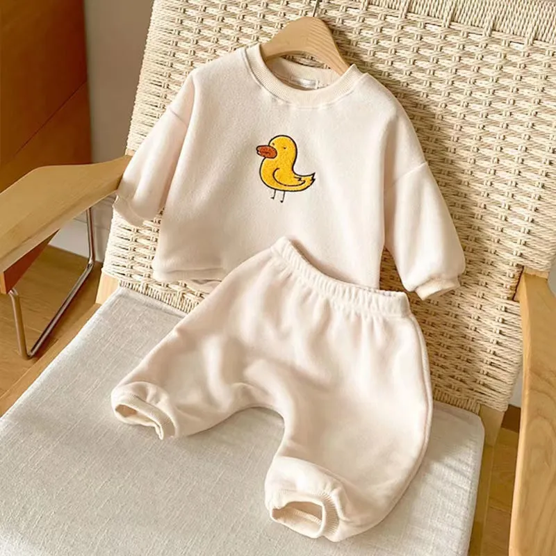 Cartoon Bird Casual Plush Sweatshirt & Jogger Set