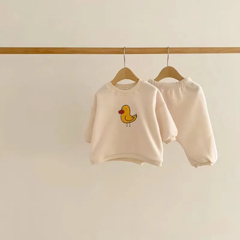 Cartoon Bird Casual Plush Sweatshirt & Jogger Set