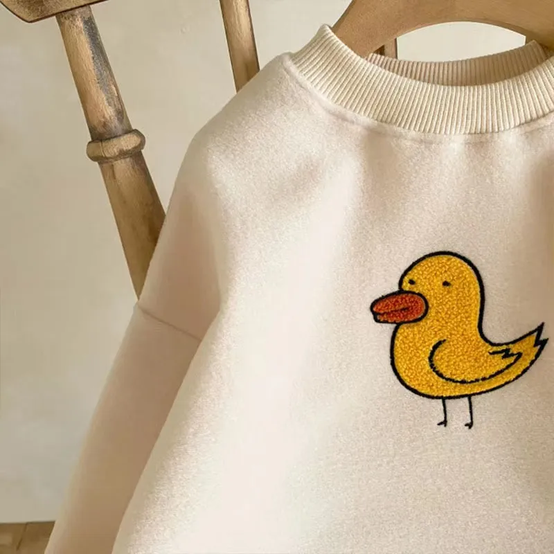 Cartoon Bird Casual Plush Sweatshirt & Jogger Set