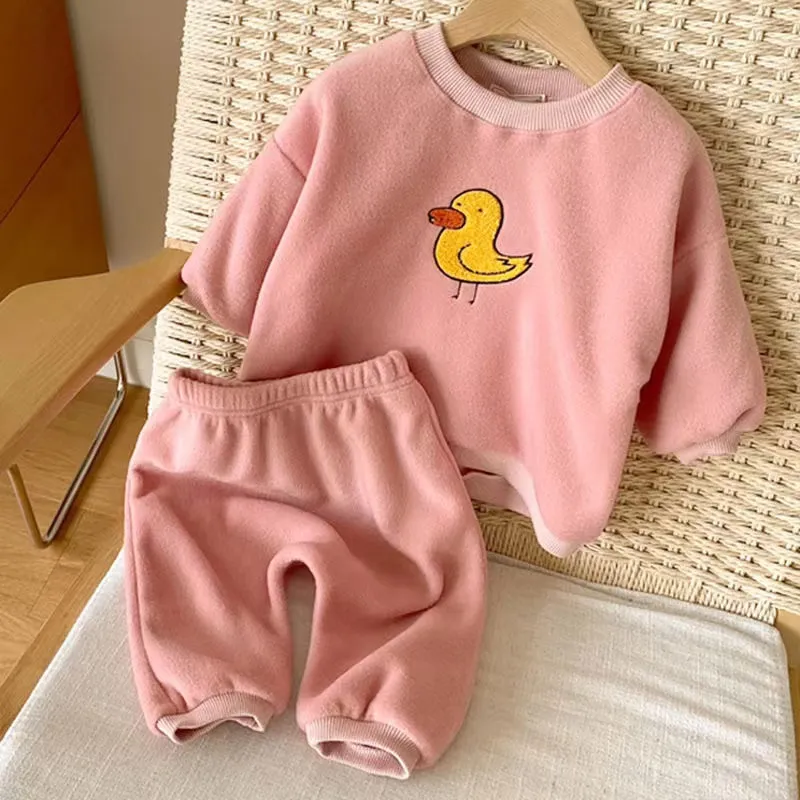 Cartoon Bird Casual Plush Sweatshirt & Jogger Set