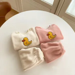 Cartoon Bird Casual Plush Sweatshirt & Jogger Set