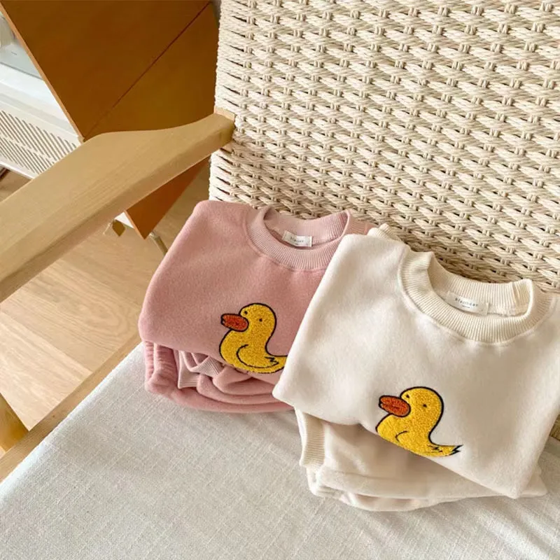 Cartoon Bird Casual Plush Sweatshirt & Jogger Set