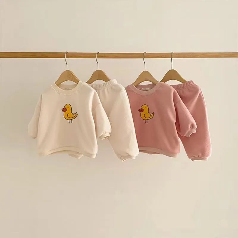 Cartoon Bird Casual Plush Sweatshirt & Jogger Set