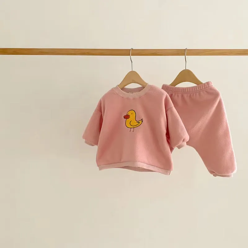 Cartoon Bird Casual Plush Sweatshirt & Jogger Set