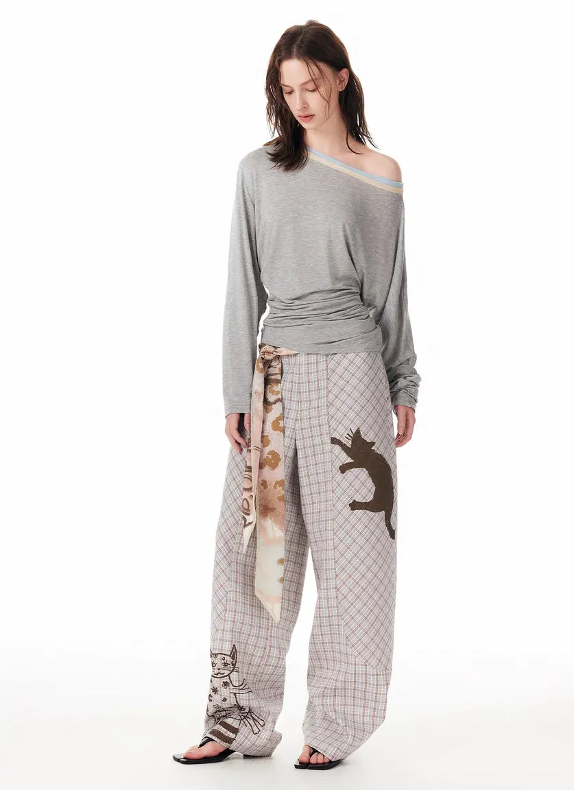 Y2K Cat Sketch Plaid Wide-Leg Pants