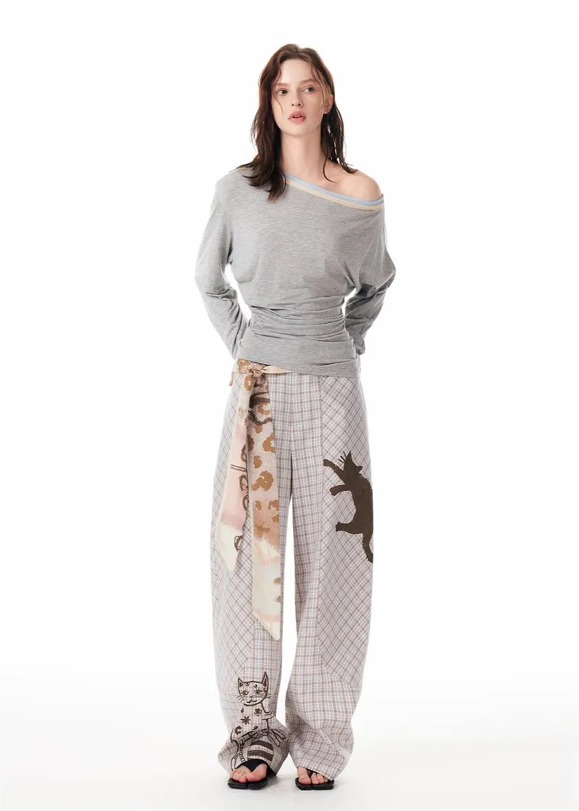 Y2K Cat Sketch Plaid Wide-Leg Pants
