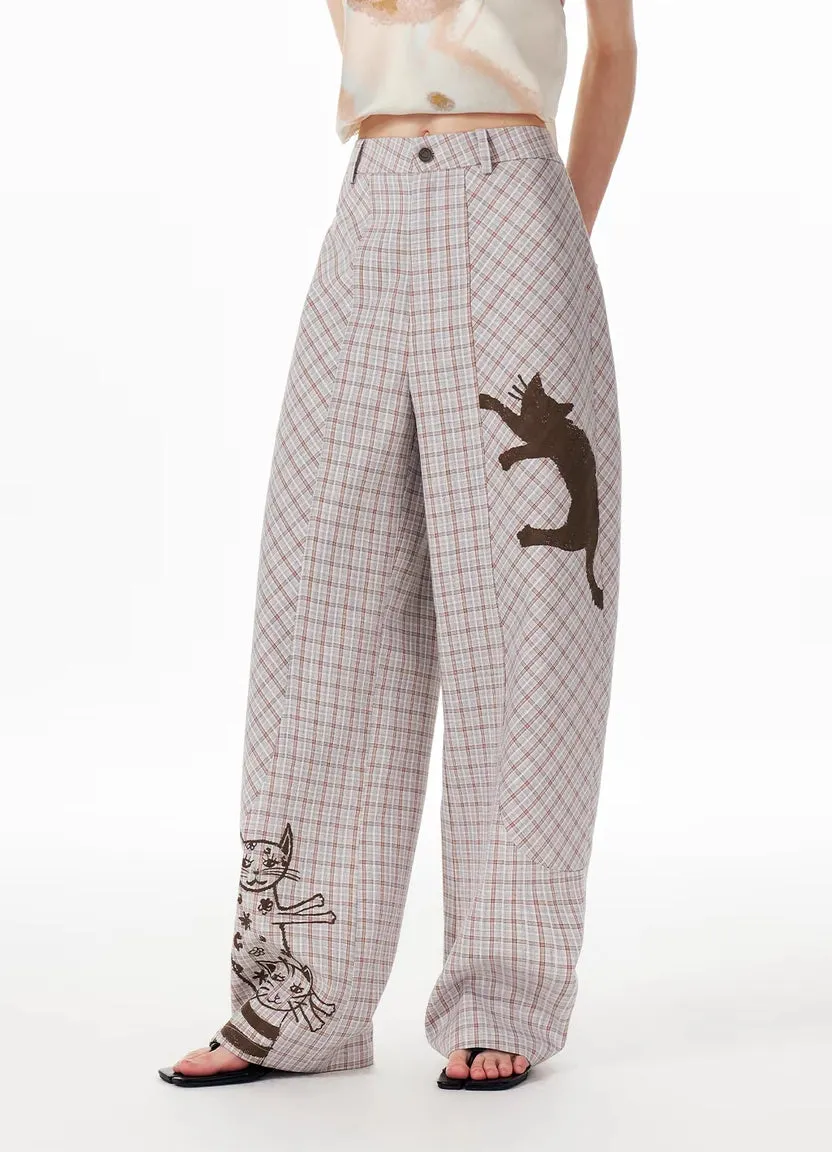 Y2K Cat Sketch Plaid Wide-Leg Pants