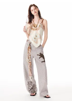 Y2K Cat Sketch Plaid Wide-Leg Pants