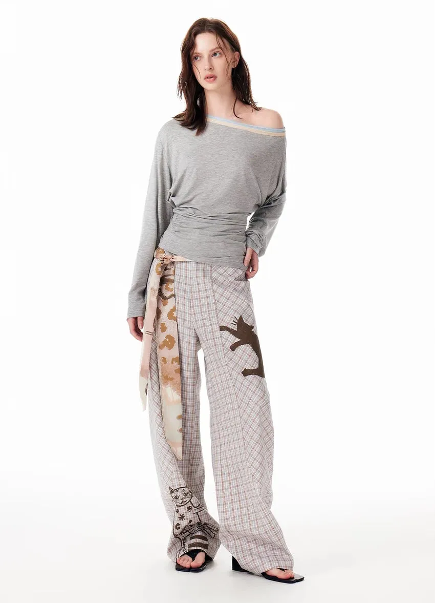 Y2K Cat Sketch Plaid Wide-Leg Pants