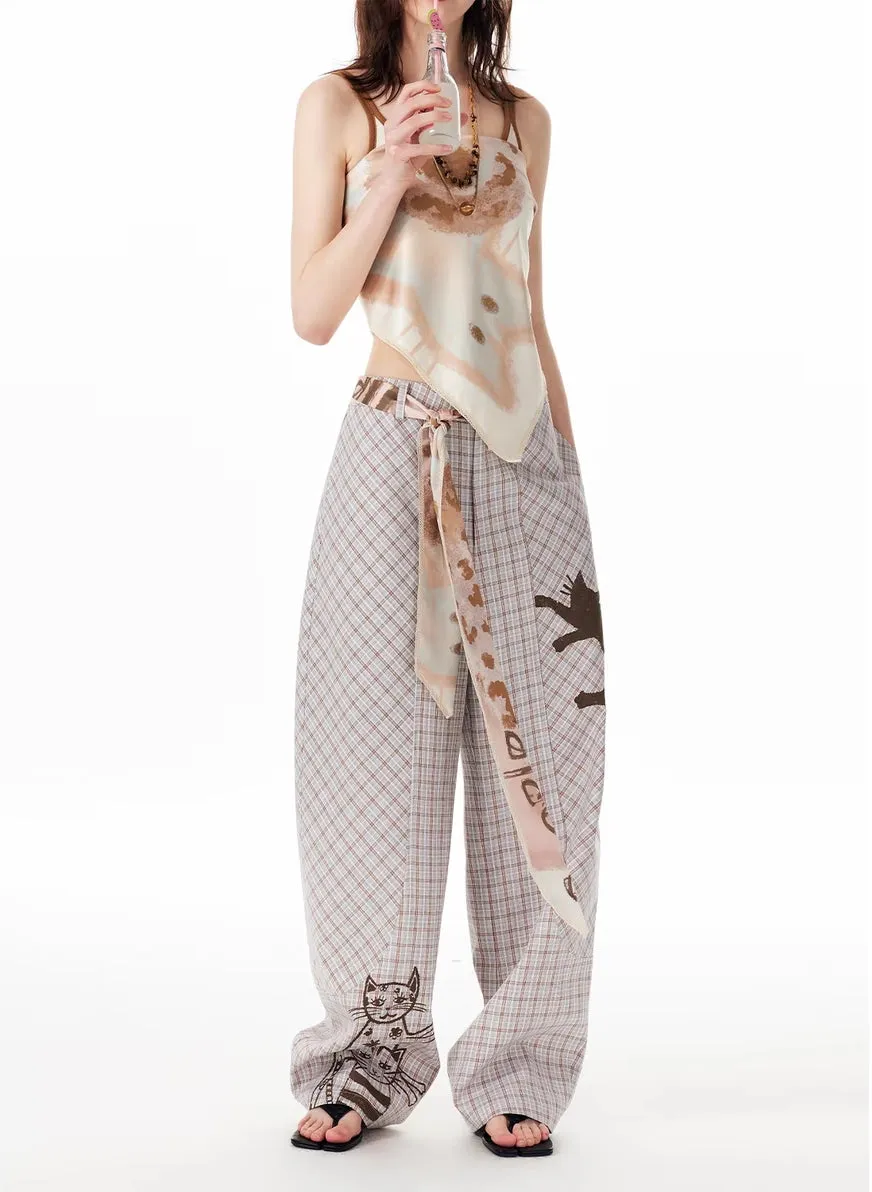 Y2K Cat Sketch Plaid Wide-Leg Pants