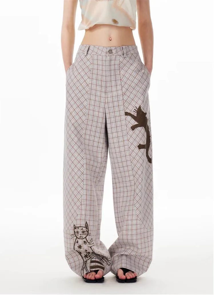 Y2K Cat Sketch Plaid Wide-Leg Pants