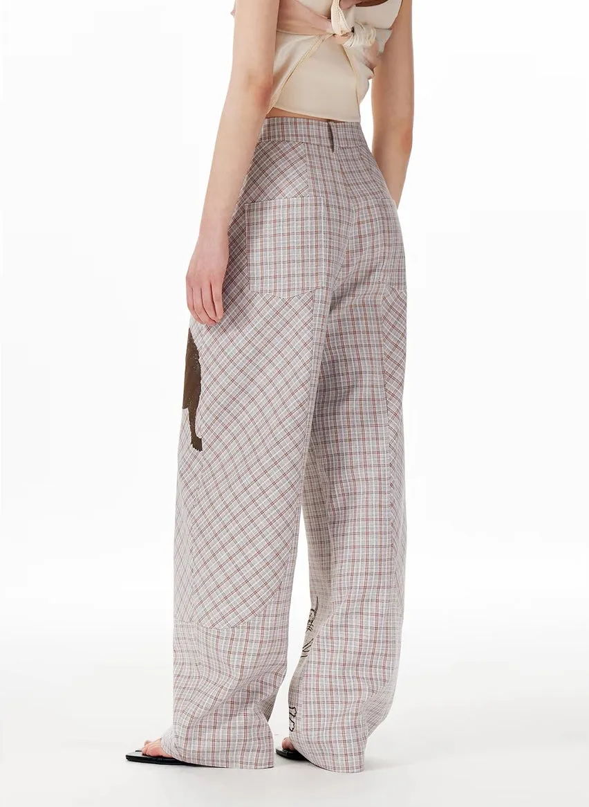 Y2K Cat Sketch Plaid Wide-Leg Pants