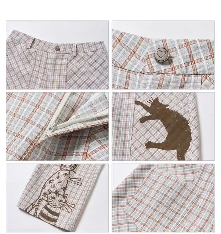 Y2K Cat Sketch Plaid Wide-Leg Pants