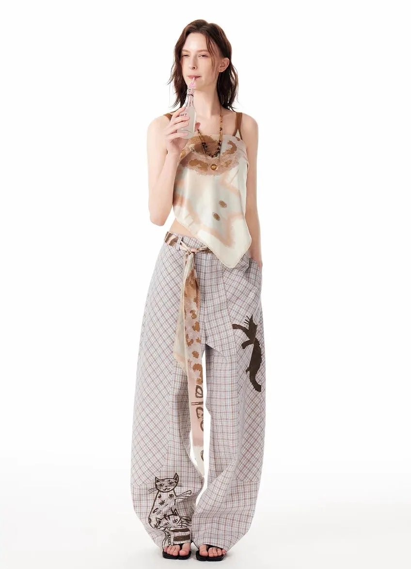 Y2K Cat Sketch Plaid Wide-Leg Pants